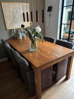 Teak houten eettafel met 6 verrijdbare stoelen, Huis en Inrichting, Ophalen, Gebruikt, Stoer Landelijk, 4 tot 6 stoelen