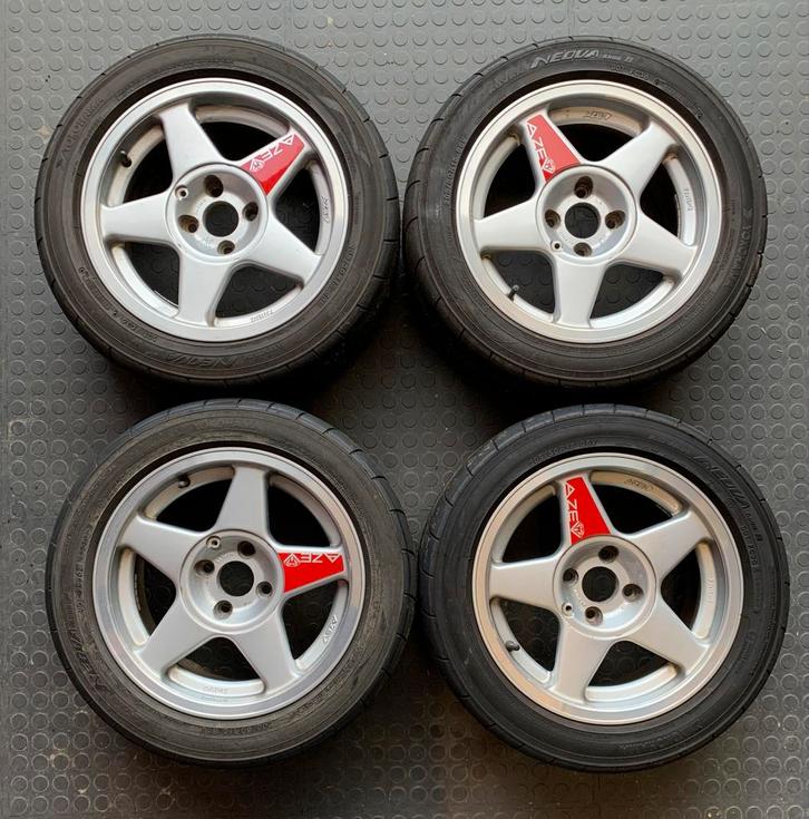 Azev A 15 inch 7J ET25 4x100 Velgen met Yokohama semi slick, Auto-onderdelen, Banden en Velgen, Banden en Velgen, 15 inch, 205 mm