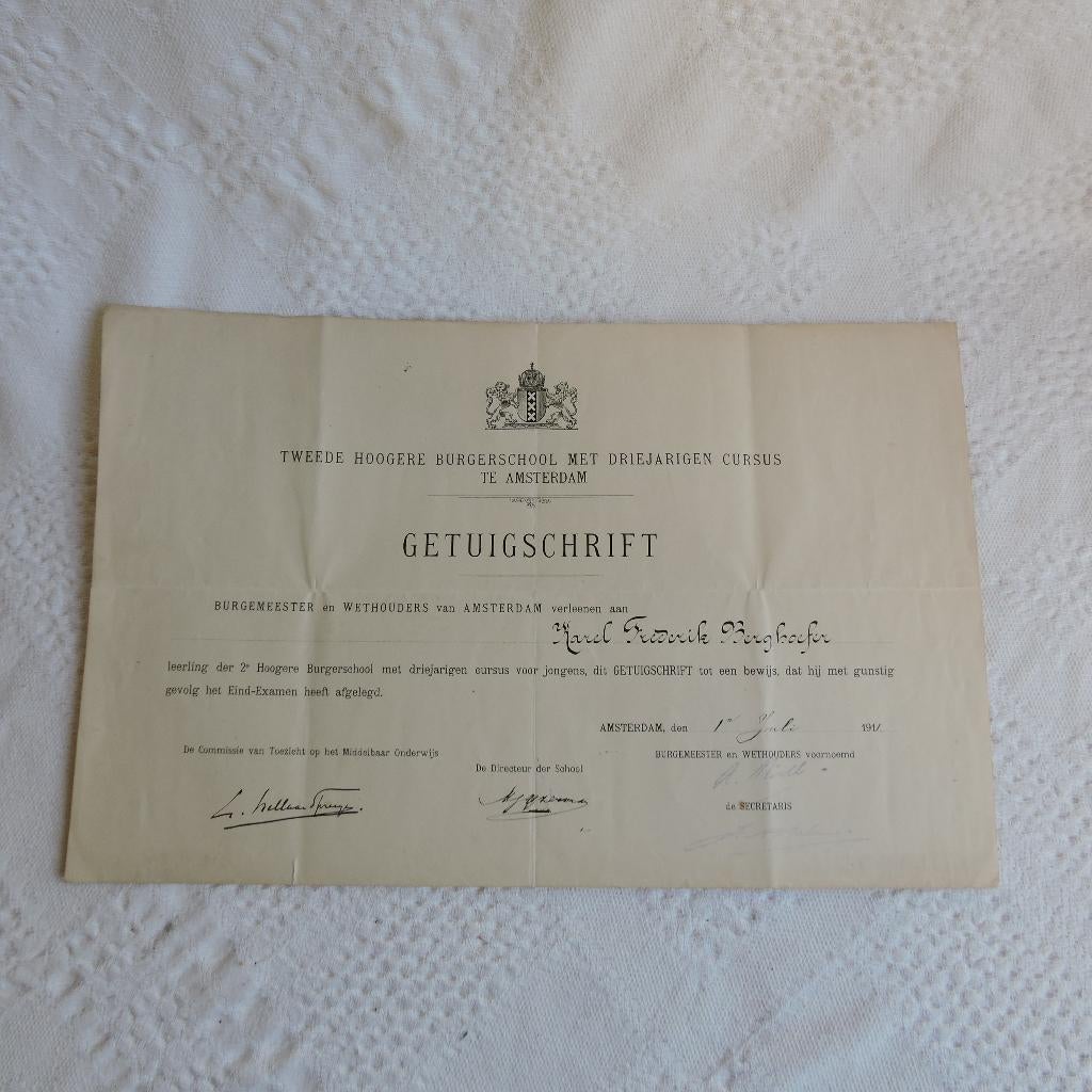 Antiek getuigschrift 1911 Tweede Hoogere Burgeschool A'dam, Antiek en Kunst, Curiosa en Brocante, Ophalen of Verzenden
