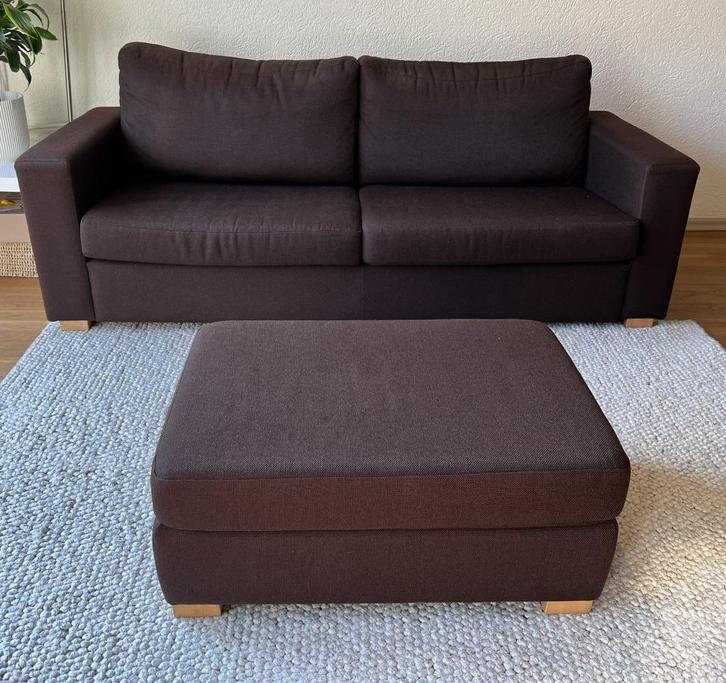 Bruine 3-zitsbank met hocker, Huis en Inrichting, Banken | Bankstellen, Gebruikt, Rechte bank, Driepersoons, 200 tot 250 cm, 75 tot 100 cm