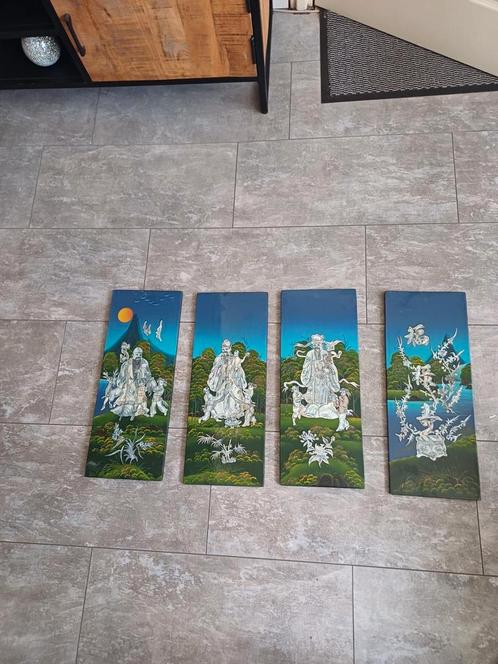 Antieke zeer fraaie 4 Japanse lakwerk schilderijen zie foto, Antiek en Kunst, Antiek | Overige Antiek, Ophalen of Verzenden