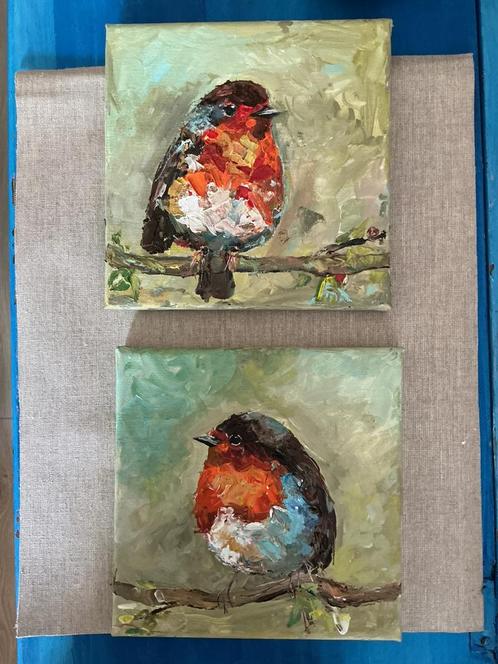 Vogeltjes ~ roodborstjes ~ atelier ~ kleintje kunst, Huis en Inrichting, Woonaccessoires | Schilderijen, Tekeningen en Foto's