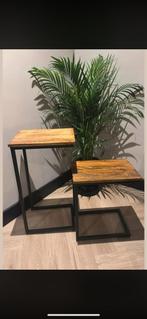 Set van 2 bijzettafels mangohout/staal, Ophalen, Minder dan 45 cm, Minder dan 55 cm, Vierkant