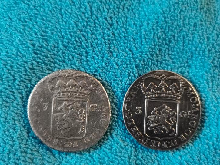 3 Gulden 1793 Utrecht & 3 Gulden 1795 West-Friesland, Postzegels en Munten, Munten | Nederland, Setje, Vóór koninkrijk, Zilver
