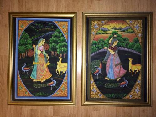 2 grote Indiase schilderijen op zijde (77x57cm) Ragini Todi, Antiek en Kunst, Kunst | Niet-Westerse kunst, Ophalen