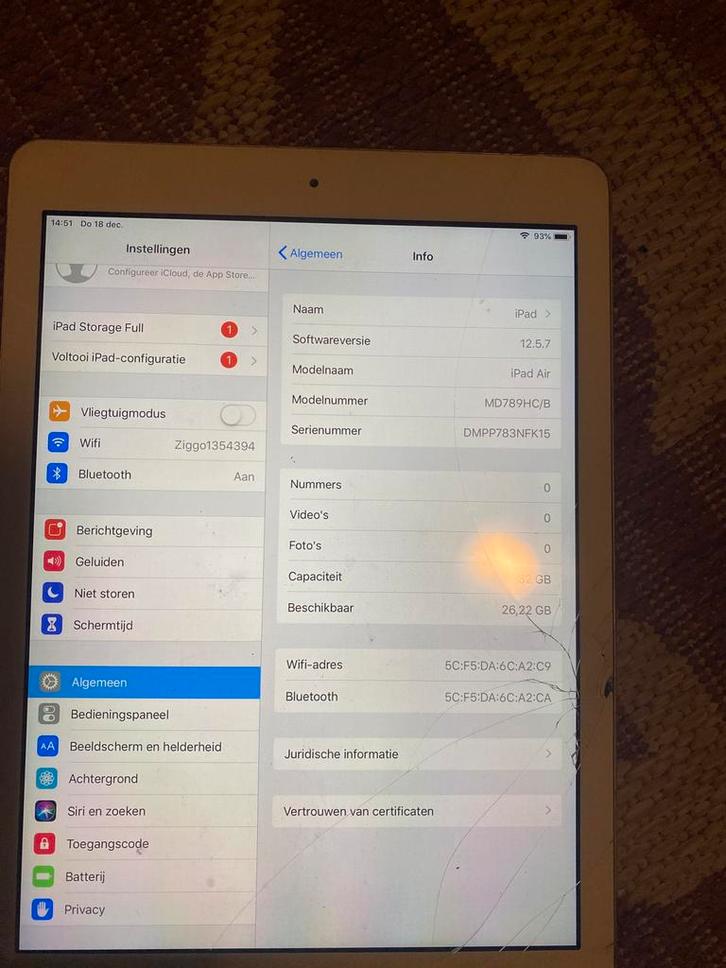 Ipad Air 1e gen 32GB WiFI-gebarsten scherm, werkt, Computers en Software, Apple iPads, Zo goed als nieuw, Apple iPad Air, 10 inch