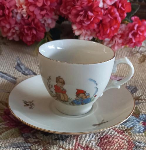 Schattig brocant kinderkopje met schotel, jongen en meisje, Antiek en Kunst, Curiosa en Brocante, Ophalen of Verzenden