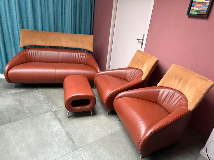 Leolux Solymi set in top staat roestbruin leer en alcantara, Huis en Inrichting, Banken | Complete zithoeken, Zo goed als nieuw