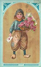 Prachtige kaart met goud opdruk . Kind met bloemen en brief, Ophalen of Verzenden, Voor 1920, Gelopen, Kinderen