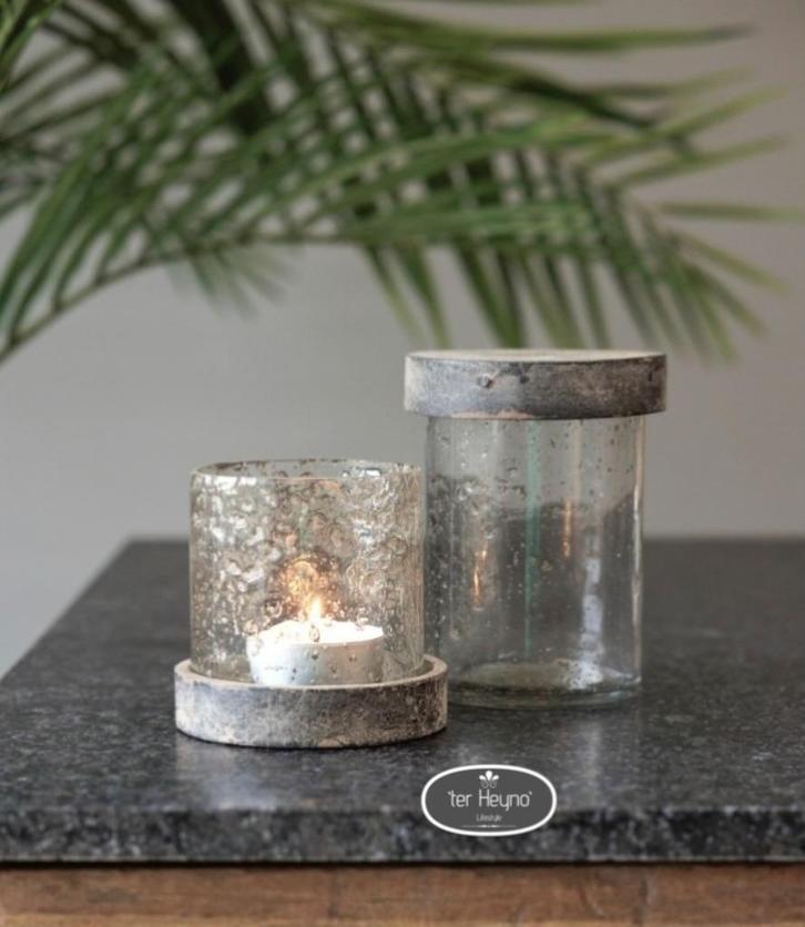 Set van 2 glazen windlichten potjes deksel hout stoer sober, Huis en Inrichting, Woonaccessoires | Overige, Nieuw, Verzenden