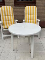 Hartman 2 tuinstoelen met kussen en 1 tafel , Ophalen, Gebruikt, Kunststof, Verstelbaar