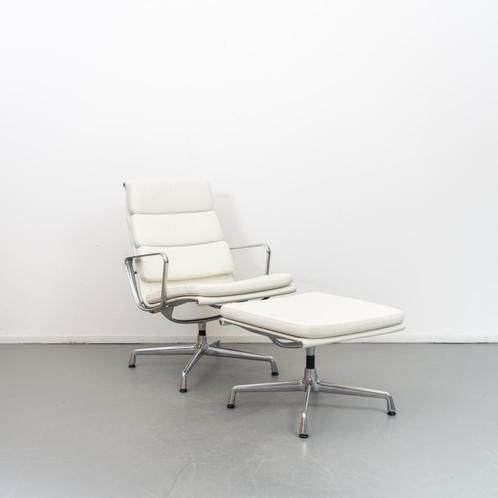 1x Vitra Eames Set EA 216 + 223 SoftPad Wit Leer - Gepolijst, Huis en Inrichting, Fauteuils, Zo goed als nieuw, Leer, Metaal, 50 tot 75 cm
