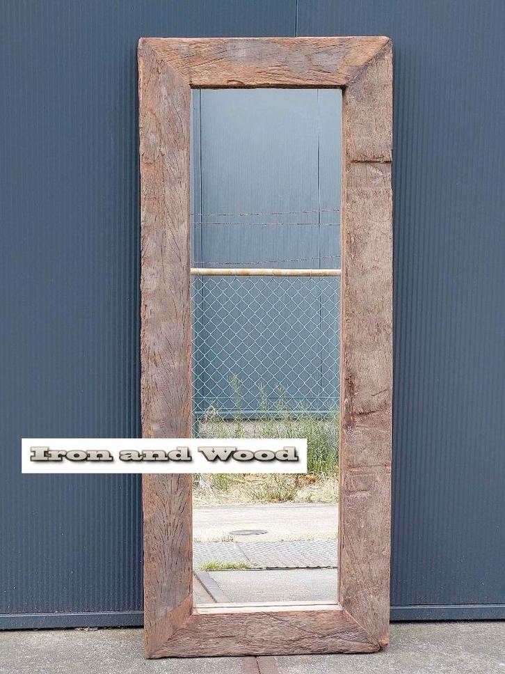 Grote spiegel 139x57 -  stoere geborstelde oude wagonplanken, Huis en Inrichting, Woonaccessoires | Spiegels, Nieuw, 50 tot 75 cm