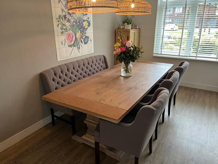 Kloostertafel met stoelen en bankje, Huis en Inrichting, Tafels | Eettafels, Gebruikt, 100 tot 150 cm, 200 cm of meer, Vijf personen of meer