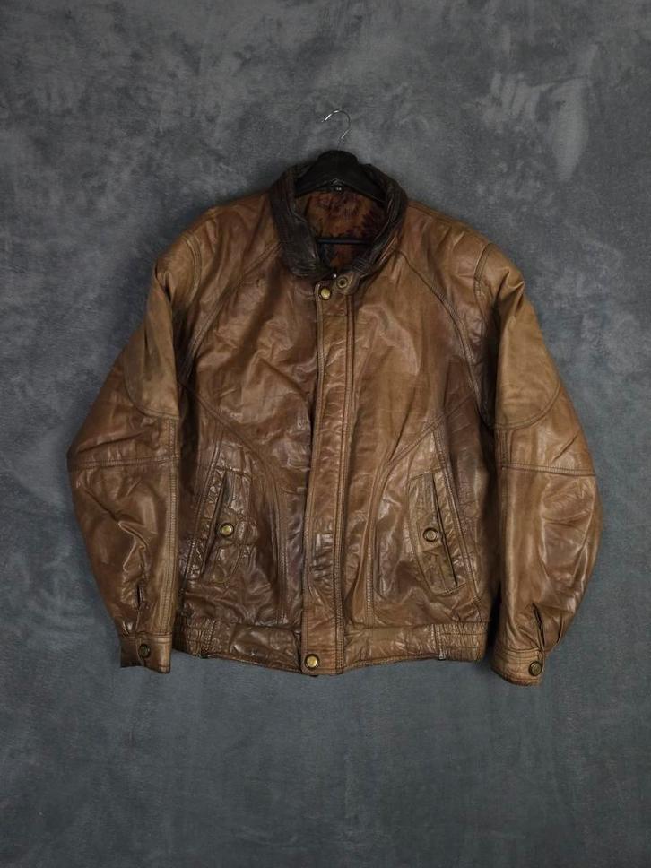 Vintage Leren Bomberjack 54 Bruin Leder Winterjas, Kleding | Heren, Jassen | Zomer, Zo goed als nieuw, Maat 52/54 (L), Bruin, Ophalen of Verzenden