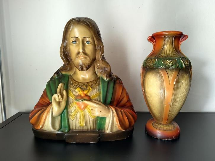 Jezus Heilig Hart beeld + vaas, Antiek en Kunst, Antiek | Religie, Ophalen of Verzenden