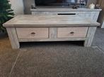 Grijze houtlook salontafel met lades 1.35 x 0.67, Ophalen, 100 tot 150 cm, 50 tot 100 cm, Zo goed als nieuw