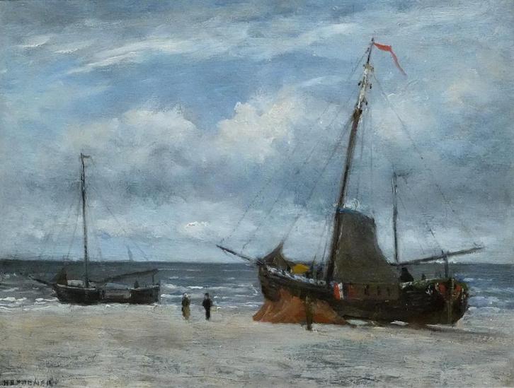 Jan Heppener (1826-1898), Vissersboten op het strand, Antiek en Kunst, Kunst | Schilderijen | Klassiek, Ophalen of Verzenden