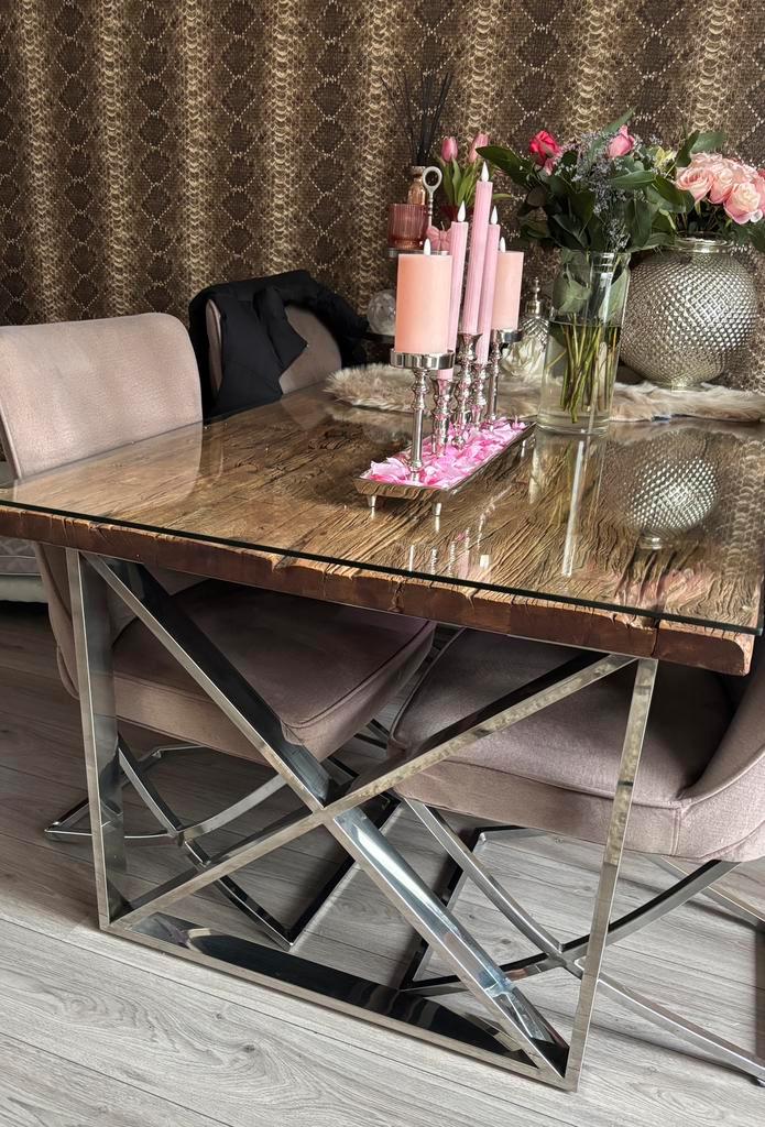 Zeer nette eettafel met glasplaat, Huis en Inrichting, Tafels | Sidetables, Zo goed als nieuw, 25 tot 50 cm, 150 tot 200 cm, Rechthoekig