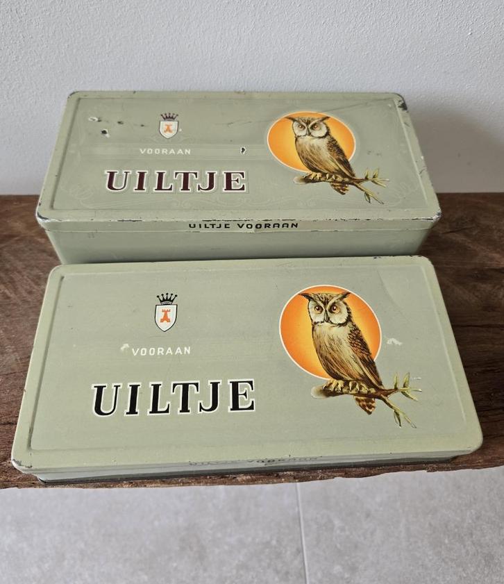 Twee Uiltje Vooraan sigarenblikken uit de jaren 60, Verzamelen, Blikken, Gebruikt, Overige, Ophalen of Verzenden