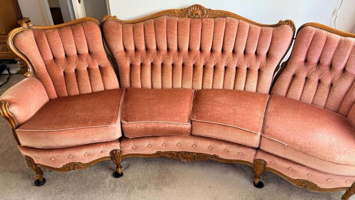 Lodewijk barok vierzits bank met 2 fauteuils zalm roze, Antiek en Kunst, Antiek | Meubels | Stoelen en Banken, Ophalen