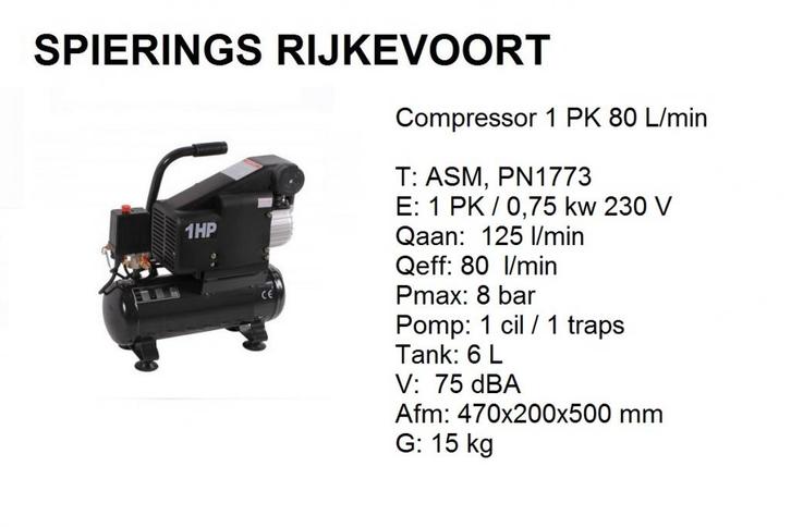Compressor 1PK tot 20PK Spierings Rijkevoort, Doe-het-zelf en Verbouw, Compressors, Nieuw, 6 tot 10 bar, Minder dan 25 liter, 200 tot 400 liter/min
