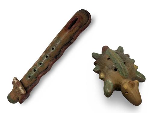 Set met terracotta fluit en ocarina, Maya/Peru, Antiek en Kunst, Kunst | Niet-Westerse kunst, Ophalen of Verzenden