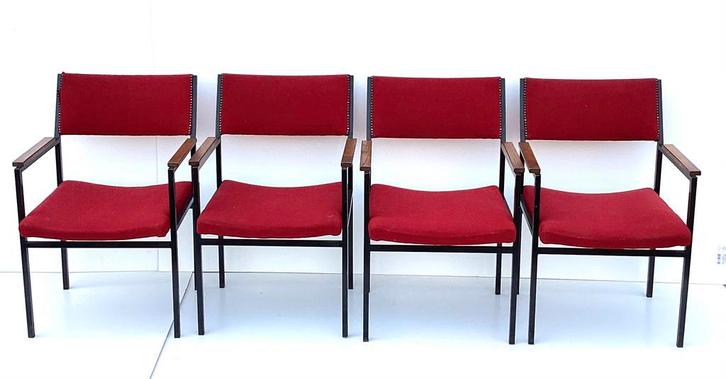 Vintage stoelen, 4 stuks, Huis en Inrichting, Fauteuils, Gebruikt, Hout, Metaal, Stof, Minder dan 50 cm, Minder dan 75 cm, Ophalen