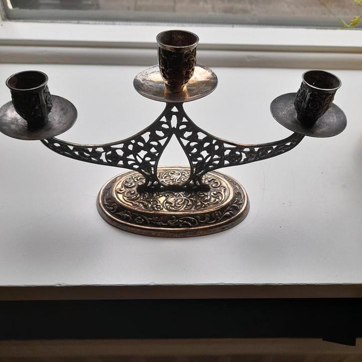 Verzilverde Kandelaar - 3-arms, Antiek en Kunst, Antiek | Kandelaars, Zilver, Ophalen of Verzenden