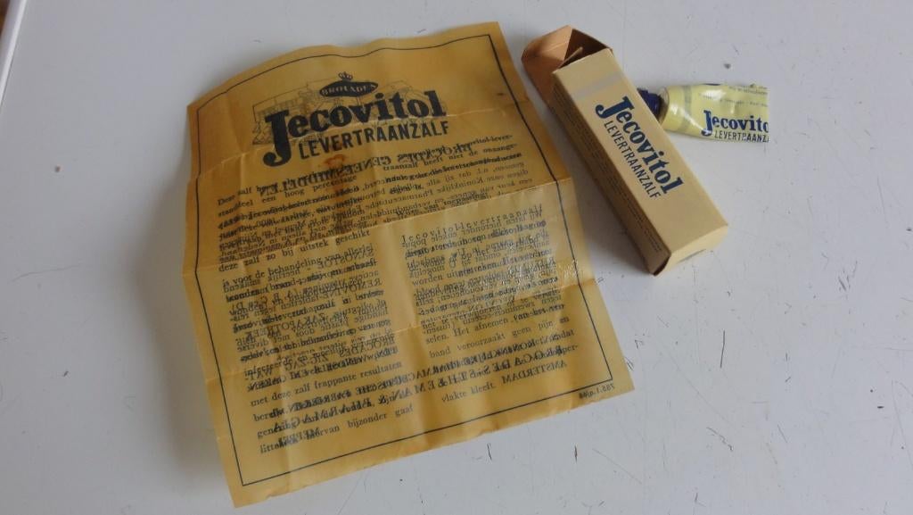 Levertraanzalf, antiek met bijsluiter in doosje Jecovitol, Ophalen of Verzenden