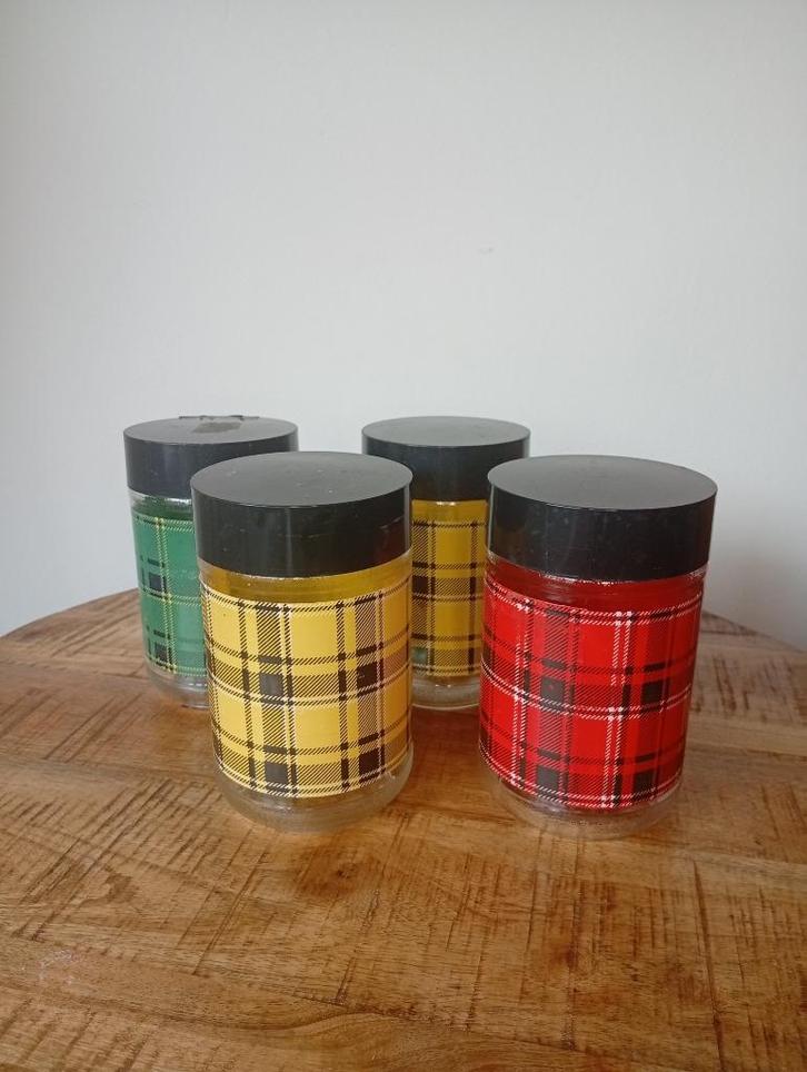 4 geruite glazen voorraadpotten met schroefdeksel, Huis en Inrichting, Keuken | Keukenbenodigdheden, Gebruikt, Ophalen of Verzenden