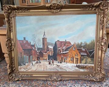 Winters dorpstafereel, P. Stolwijk , olie op doek beschikbaar voor biedingen