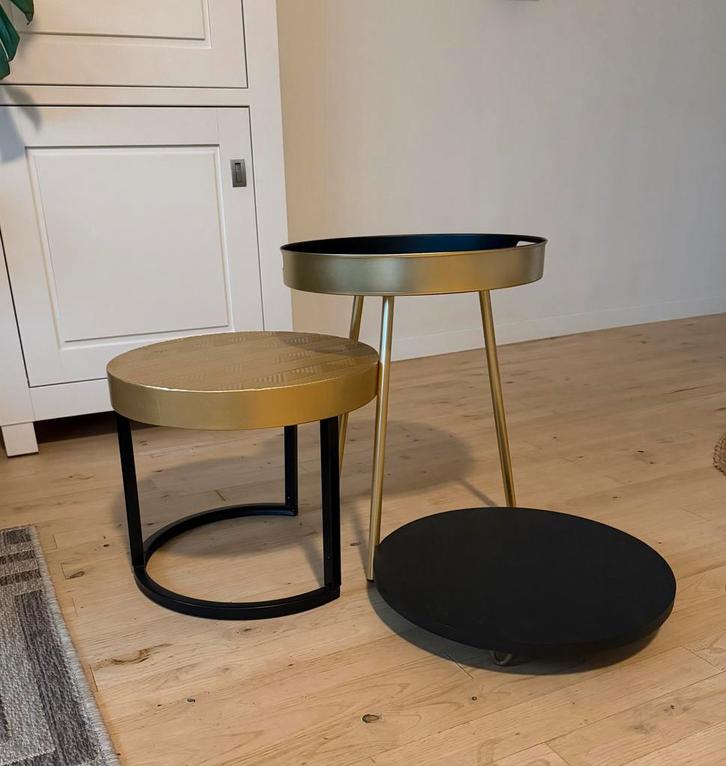 3 bijzettafeltjes in zwart met goud, Huis en Inrichting, Tafels | Bijzettafels, Gebruikt, Rond, Minder dan 45 cm, Minder dan 55 cm