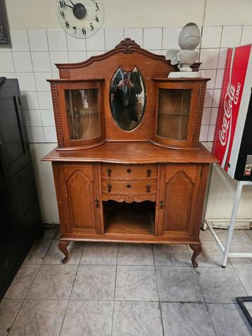 Antieke Hollandse Kast met Gebogen Glas & Spiegel beschikbaar voor biedingen
