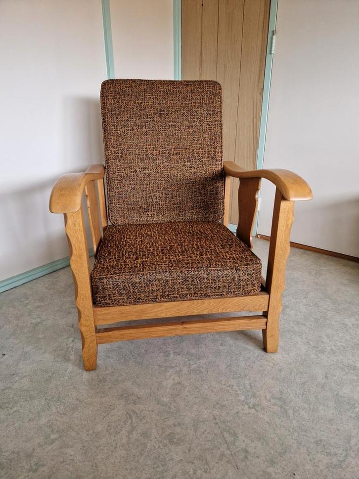 Vintage eikenhouten stoel, Huis en Inrichting, Stoelen, Gebruikt, Eén, Hout, Stof, Bruin, Ophalen