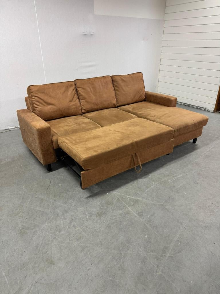 Hoekbank met slaapfunctie (230x150 cm)met LEVERING, Gebruikt, Bruin, Tweepersoons, Ophalen of Verzenden