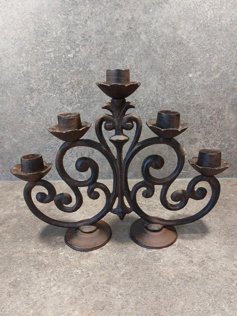 Rustieke gietijzeren kandelaar voor 5 kaarsen, Ophalen of Verzenden