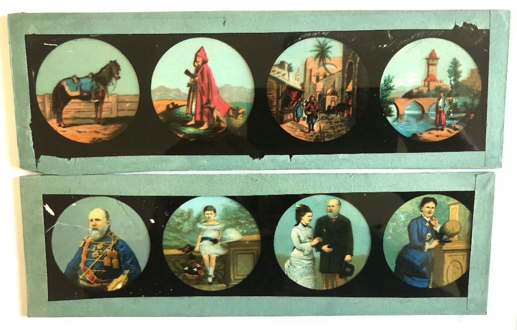 2 toverlantaarn platen, 7 x 22 cm, Antiek en Kunst, Ophalen of Verzenden