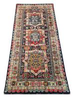 Vintage Perzisch wol vloerkleed Kazak blue stars 70x142cm, Perzisch, Oosters, Klassiek, Vintage, Gebruikt, 100 tot 150 cm, Crème