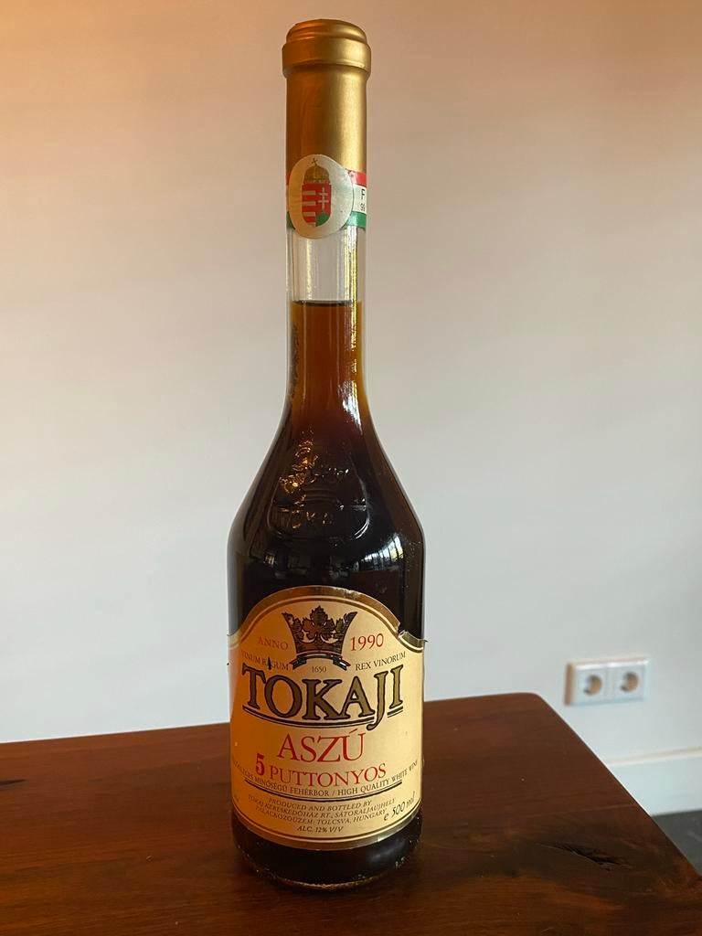 Tokaji Aszú 5 Puttonyos 1990 - Hongaarse dessertwijn, Overige gebieden, Ophalen of Verzenden, Vol, Witte wijn