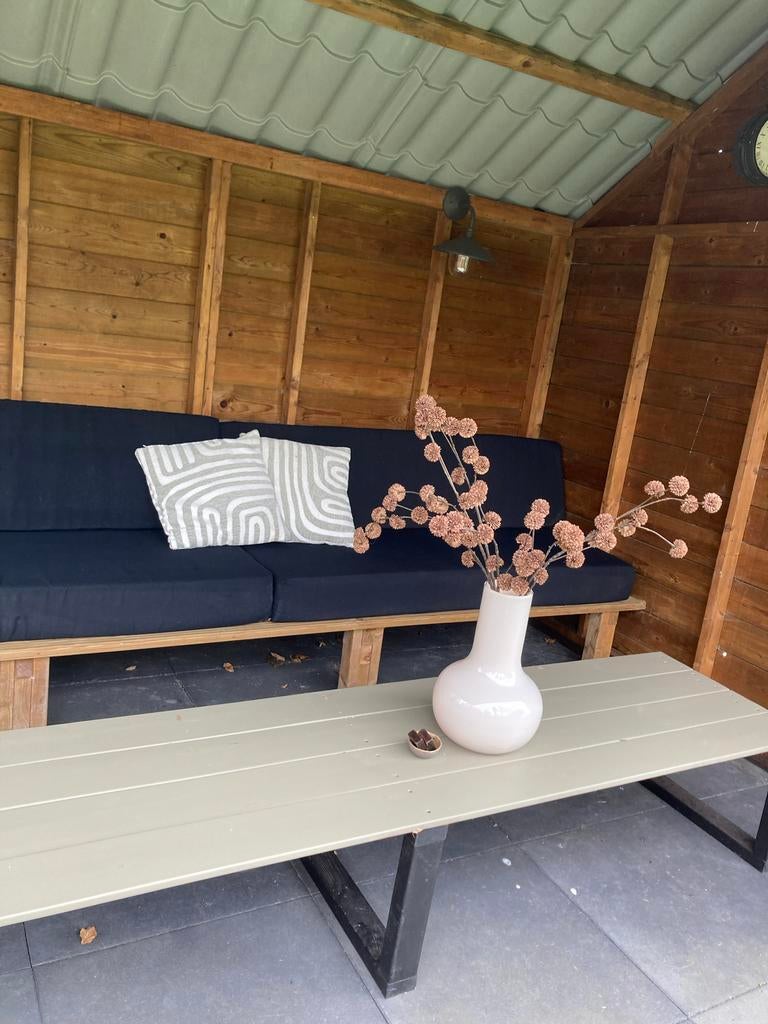 Houten loungeset met zwarte kussens, Ophalen, Gebruikt, 3 zitplaatsen, Loungeset