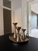 Kaars plateau met 3 kaars kandelaars - Goudkleurig metaal, Huis en Inrichting, Woonaccessoires | Kandelaars en Kaarsen, Gebruikt