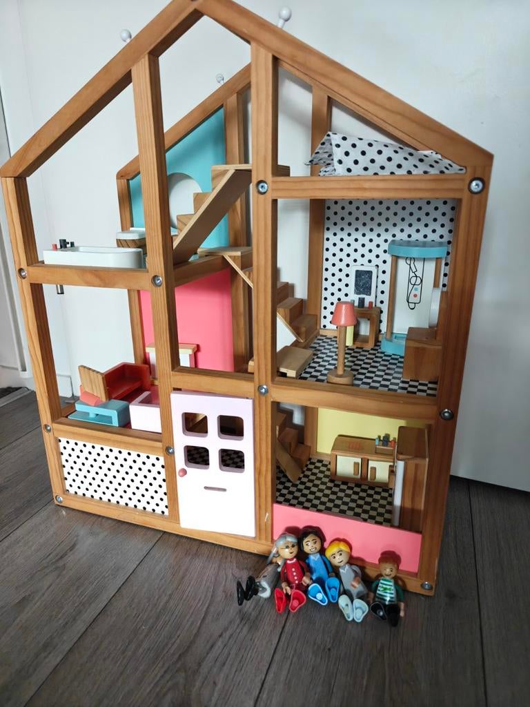 Hema houten poppenhuis met meubels, Kinderen en Baby's, Speelgoed | Poppenhuizen, Ophalen, Gebruikt, Poppenhuis