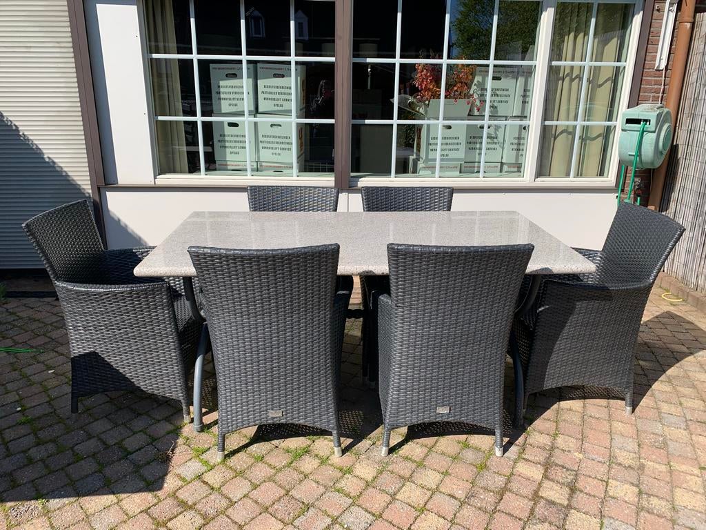 Tuinset granieten blad met ijzeren onderstel en stoelen, Tuin en Terras, Tuinstoelen, Ophalen, Gebruikt, Wicker