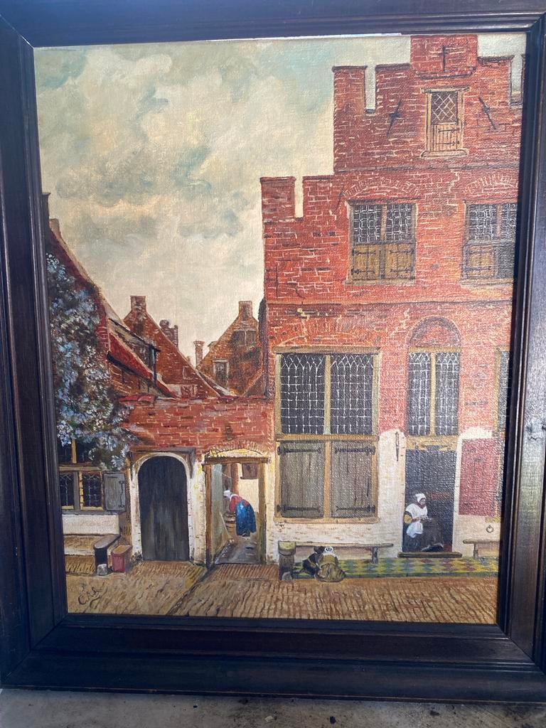 Oud Hollands Straatje - Schilderij gesigneerd C.A.S., Antiek en Kunst, Kunst | Schilderijen | Klassiek, Ophalen of Verzenden