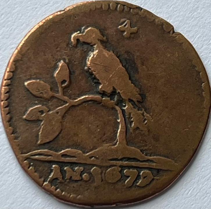 Suriname zeldzame vier duiten 1679 met unieke gravering, Postzegels en Munten, Munten | Nederland, Losse munt, Overige waardes