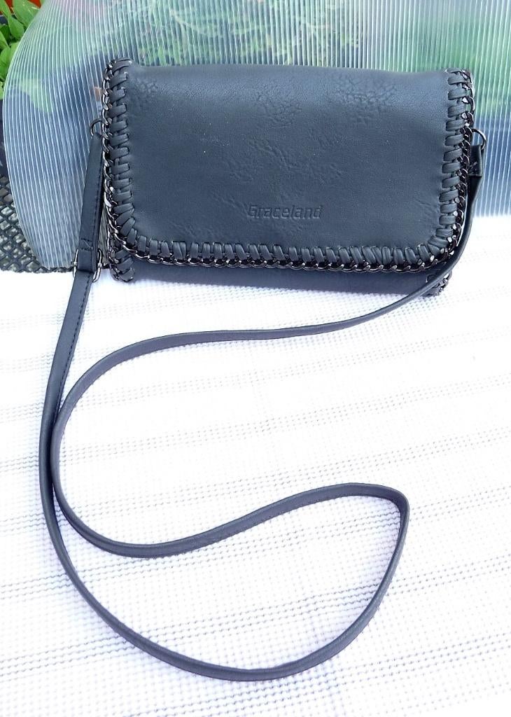 ENVELOP SCHOUDERTAS GRACELAND DONKER GRIJS LEER, Sieraden, Tassen en Uiterlijk, Verzenden, Zo goed als nieuw, Grijs, Schoudertasje
