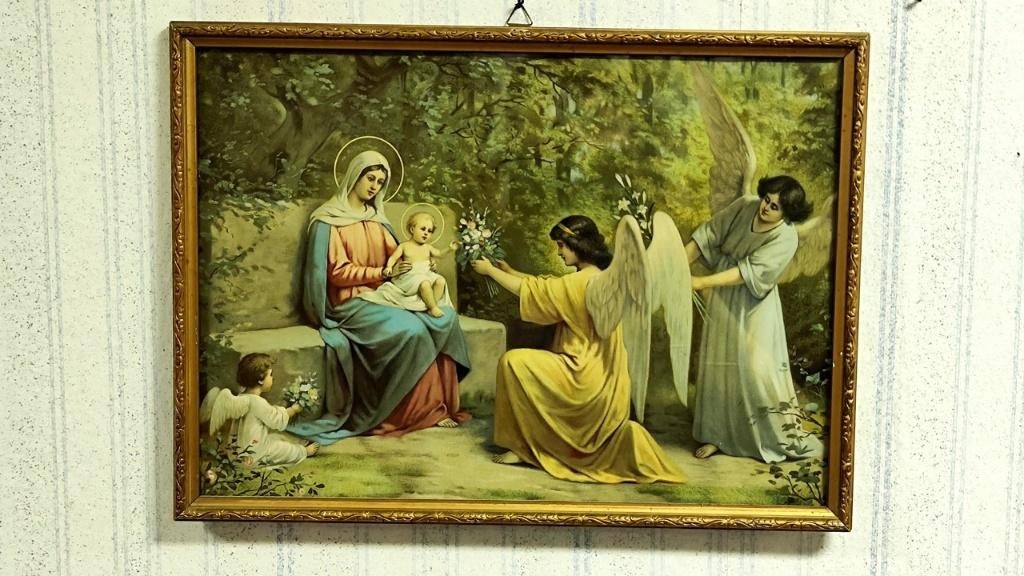 424 Mooie lijst met Maria en Kind en 3 Engelen, Ophalen of Verzenden, Zo goed als nieuw, Overige typen, Christendom | Katholiek