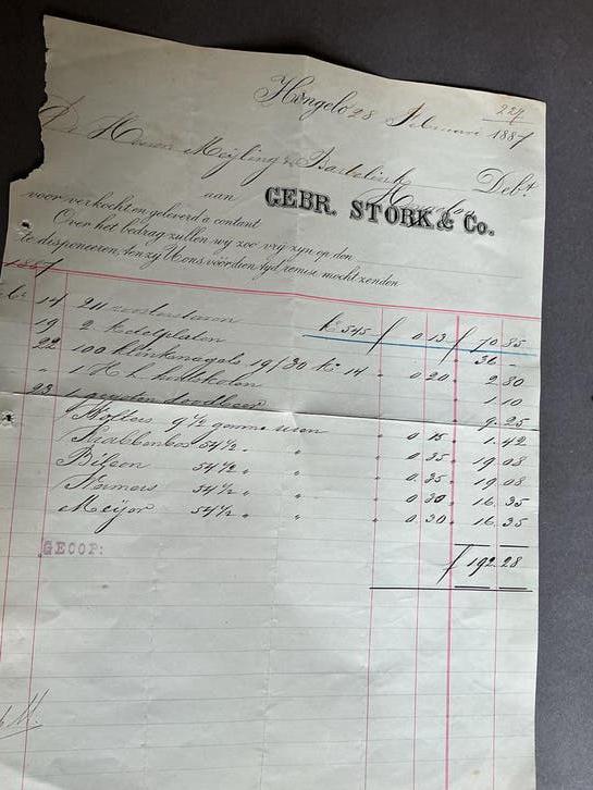 Historische factuur Gebr. Stork & Co. 1887, Verzamelen, Verzenden, Gebruikt