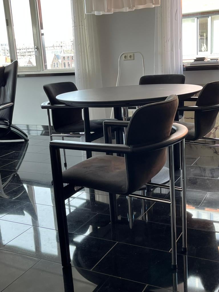 Nog paar dgn- Ronde eettafel met 4 luxe suede/leren stoelen, Ophalen, Gebruikt, Overige materialen, Rond
